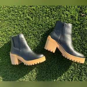 No Boundaries Black Ankle Boots with Tan Heel